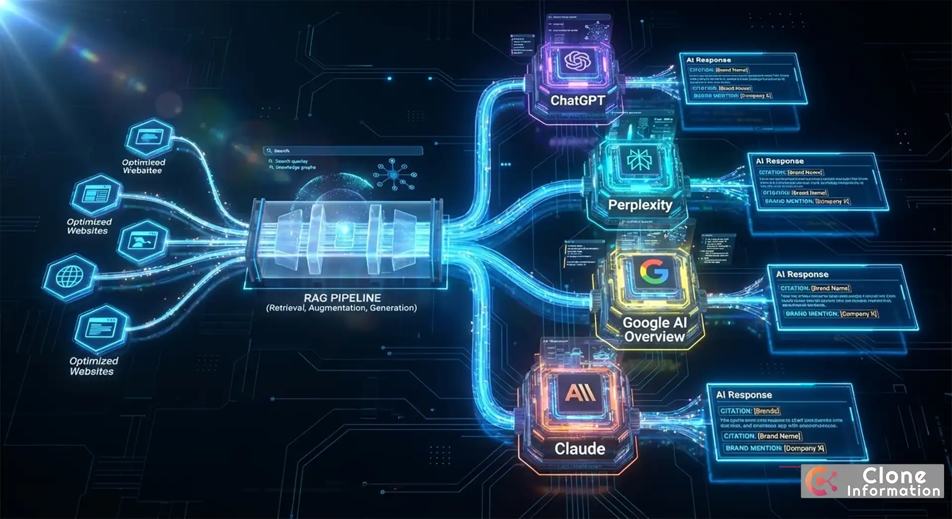 AI 搜尋生態系統圖，展示 ChatGPT、Perplexity、Google AI Overview 等平台如何引用網站內容