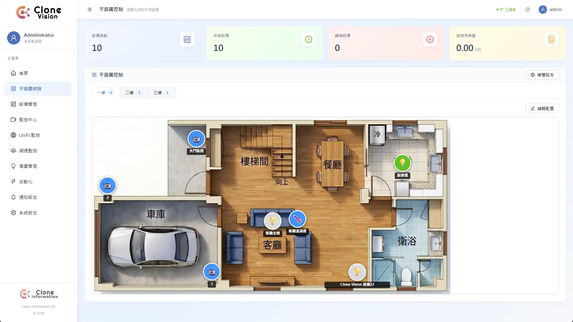 Clone Vision 本地化智慧家庭系統平面圖控制介面，在建築平面圖上直觀管理車庫監控與客廳燈光，數據不經過雲端