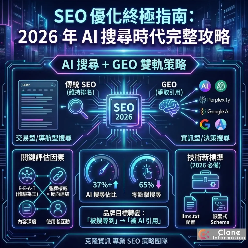 SEO 優化核心概念圖，展示 2026 年傳統 SEO 與 GEO 雙軌策略的完整生態系統