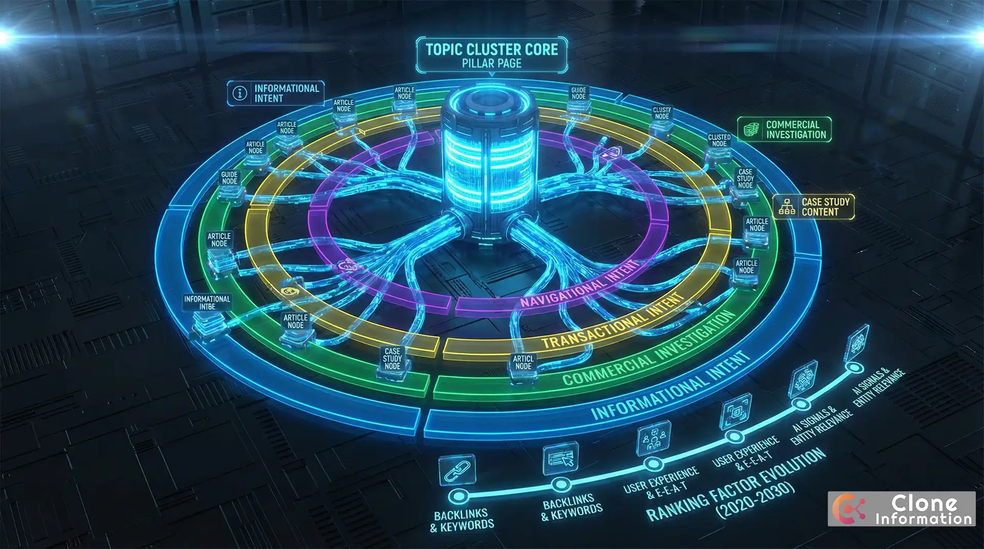 SEO 排序與關鍵字排名策略圖，展示主題群集架構與搜尋意圖分層的完整策略