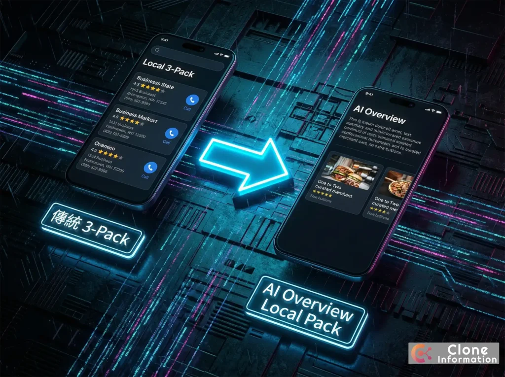 AI Overview Local Pack 與傳統 3-Pack 對比圖，展示本地搜尋排名版面從三間商家縮減為一到兩間的差異